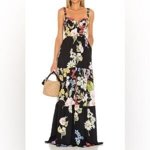 Agua Bendita Black Floral Maxi Dress with Multicolor Blooms